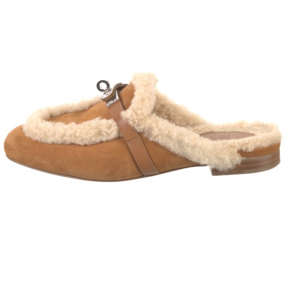 Hermès Cream Suede Shearling Slippers